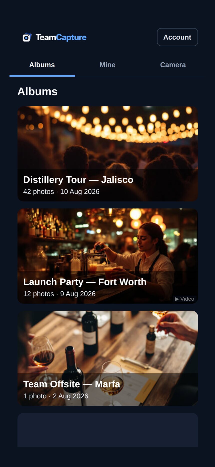 The albums list in the Team Capture app