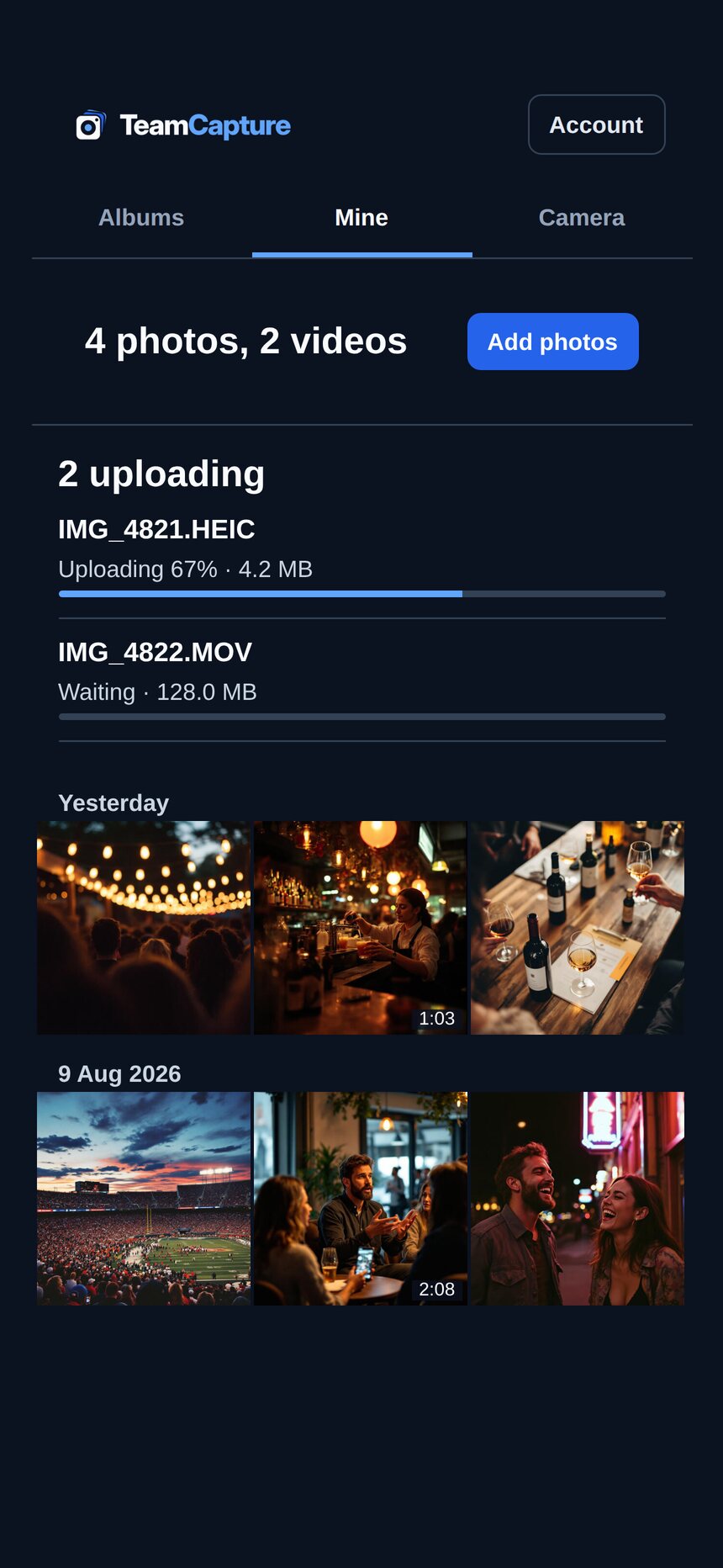 A photographer's own uploads in the app