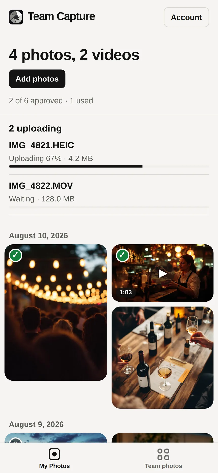 A photographer's own uploads in the app